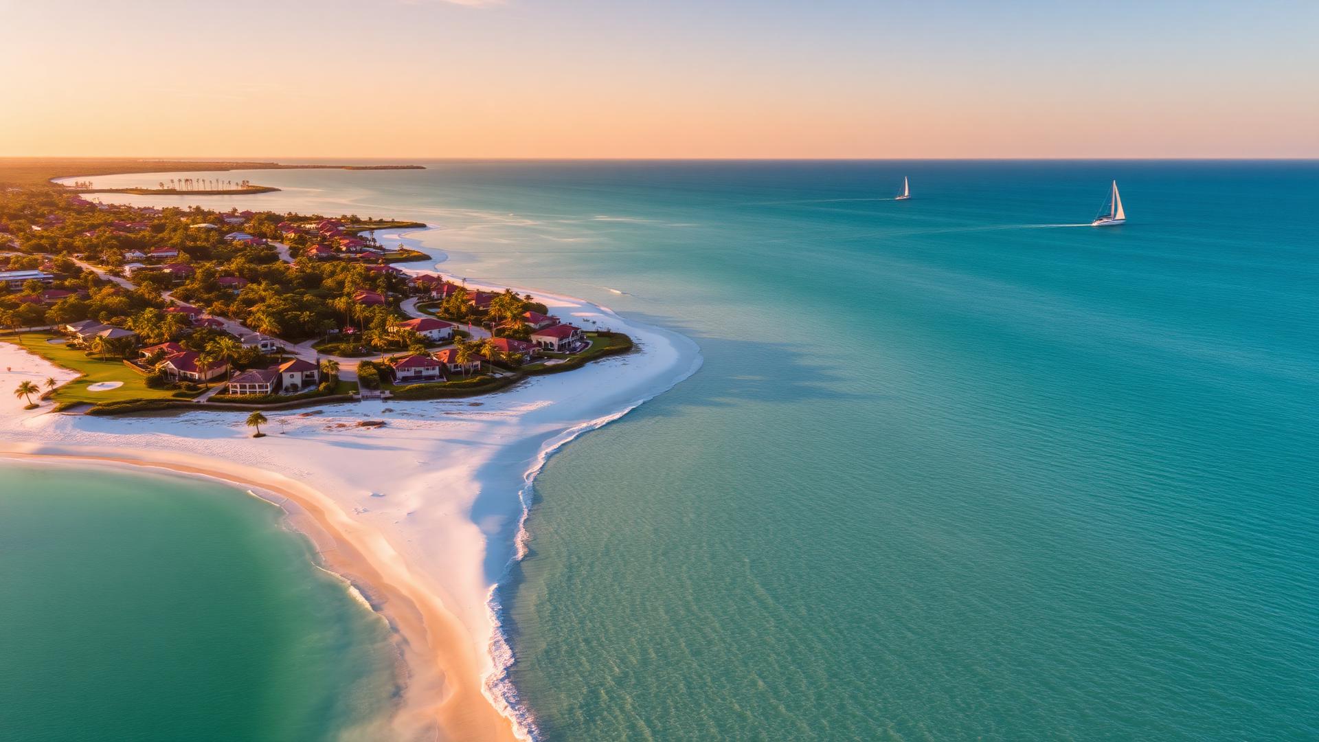 Aerial view of Florida's Suncoast at golden hour with turquoise Gulf water and white sand beach